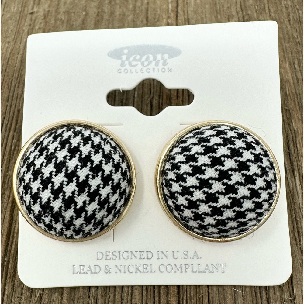 🌼 Houndstooth Print Fabric Button Stud Earrings